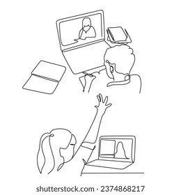 Vector illustration of boy chatting, with headphones, saluting in front of the computer. Distance learning concept, social distancing, isolation at the time of coronavirus quarantine. Continuous line