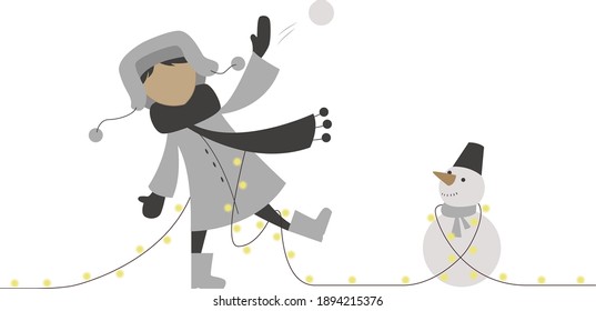 vector illustration. A boy, a child and a snowman.