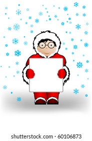 Vector illustration the boy in Christmas clothes a holding sheet of paper.