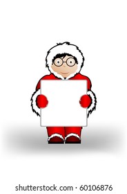 Vector illustration the boy in Christmas clothes a holding sheet of paper.