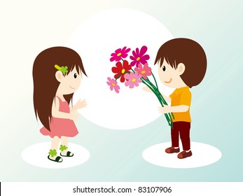 Vector illustration of an boy with chrysanthemums and shy girl.