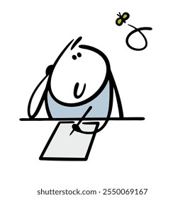 Ilustração vetorial um menino na classe não ouve o professor, olha para uma mosca, distrai-se da educação. O engraçado stickman está sentado em uma mesa e olhando um inseto na sala de aula.