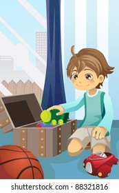 A vector illustration of a boy cleaning up his toys and putting them inside the toy chest