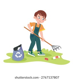  Vector illustration of a boy cleaning up trash.Cartoon scene of a boy with a rake raking plastic bottles on a green lawn, recycling sign, bag isolated on a white background.Caring for the environment.
