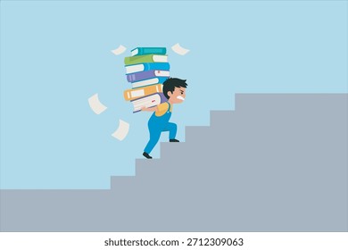 Vector illustration a boy climbing stairs while carrying a large, heavy stack of books, symbolizing hard work, pressure, and determination.