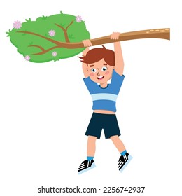 Vector illustration of a boy climbing trees. A cartoon scene of a smiling boy hanging on a branch isolated on a white background.