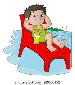 Vector illustration of boy with cocktail drink relaxing on deckchair at beach.