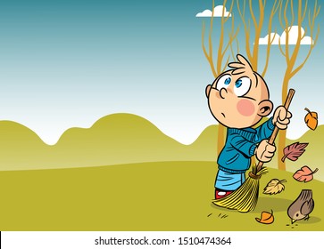 vector illustration, the boy collects autumn leaves. There is a place for a text block.