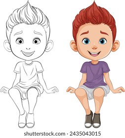 Vector illustration of boy, colored and line art