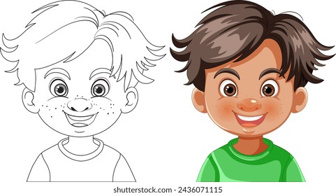 Vector illustration of a boy, colored and line art