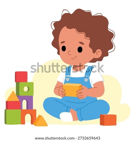 Vector illustration of boy constructing with colorful blocks isolated on white background ideal for children education, creativity, or playtime themed artwork