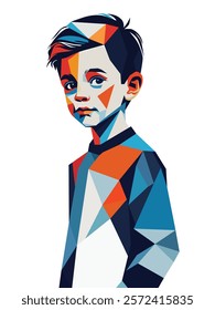 Vector illustration of a boy created with simple geometric shapes in a minimalist style, emphasizing clean lines and modern aesthetics. Perfect for contemporary designs, branding, and logos.