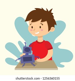 Vector illustration with boy creating and playing robots, educational project concept for children  in flat style