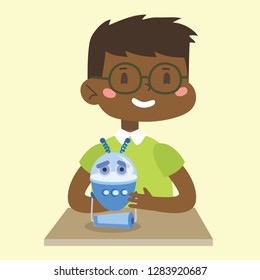 Vector illustration with boy creating and playing robot, educational project concept for children in flat style