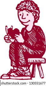 Vector illustration of a boy cutting out a Valentine heart shape