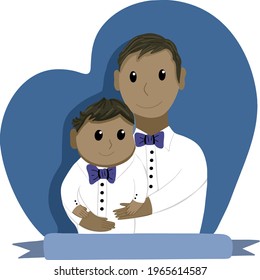 Vector illustration boy with dad in costumes with a bow tie of different nationalities 