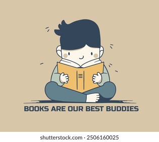 Vector illustration of a boy deeply absorbed in a book, emphasizing the value of literature through the message Books are our best buddies. Essence of imagination and learning children design.