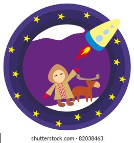 vector illustration - The boy and deer look at the rocket