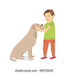 Vector illustration boy and dog embrace / Cute boy walking with pet / Best friend boy and dog together / Young Boy and dog isolated on white background / Flat design characters