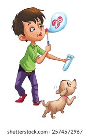 Vector illustration boy with dog playing