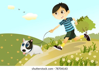 A vector illustration of a boy and a dog playing and running in the park