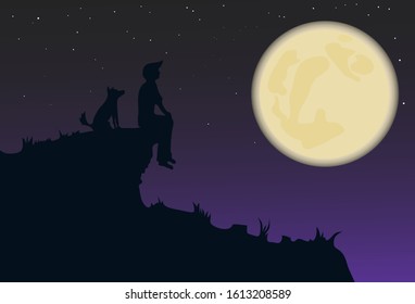 vector illustration of a boy and a dog sitting on a hill and looking at the moon