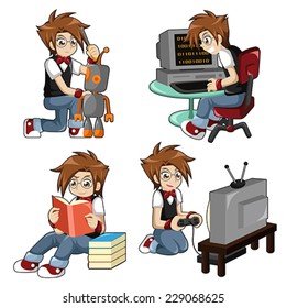 A vector illustration of boy doing different activities