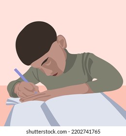 Vector illustration of a boy doing homework.