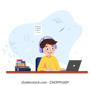 Vector illustration with a boy doing homework, listening to an online lesson. Cartoon scene with a guy sitting at a table with a laptop and books, wearing headphones, writing in a notebook.