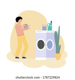 Vector illustration of Boy doing laundry with washing machine