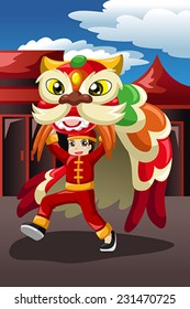 A vector illustration of boy doing a lion dance