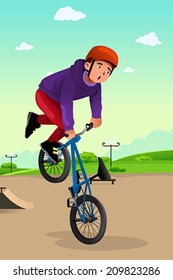 A vector illustration of boy doing stunt on a bike