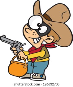 Vector illustration of boy dressed up as cowboy holding bucket and gun