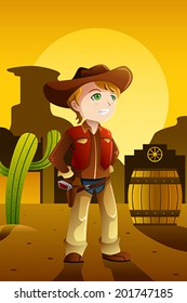 A vector illustration of boy dressed up as a cowboy in the old Western setting
