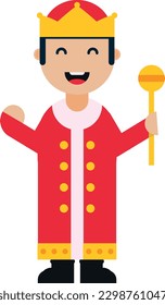 Vector illustration of a boy dressed as a king. Monarch king standing with a scepter in his hand. Royalty.