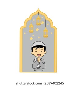 vector illustration of a boy dressed in Muslim clothing, with a decorative background of lanterns and stars