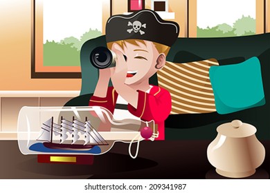 A vector illustration of boy dressed in a pirate outfit holding a telescope looking at a ship in a bottle