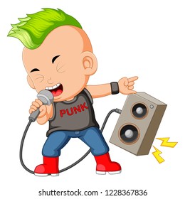 vector illustration of A Boy Dressed as a Rockstar Singing in front of a Loudspeaker