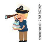 Vector illustration of a boy dressed as a sailor, holding a spyglass and a toy boat.