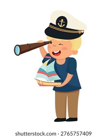 Vector illustration of a boy dressed as a sailor, holding a spyglass and a toy boat.