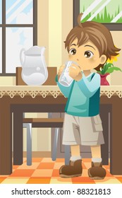 A vector illustration of a boy drinking water