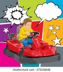 Vector illustration of boy driving go kart so happy about it
