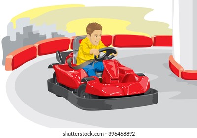 Vector illustration of boy driving go kart so happy about it
