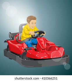 Vector illustration of boy driving go kart so happy about it