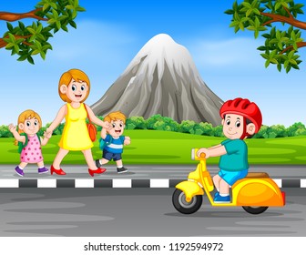 vector illustration of the boy driving the motorcycle when the woman and her children walk on the road