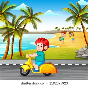 vector illustration of the boy driving the motorcycle on the road with the beach background