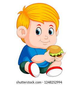 vector illustration of boy eating burger