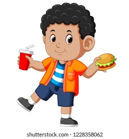 Vector illustration of Boy eating fast food