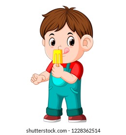 Vector illustration of A boy eating fruit ice cream on a stick
