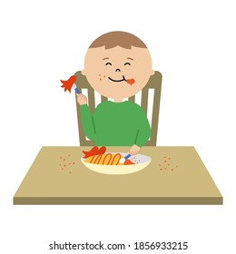 Vector illustration of boy eating happily